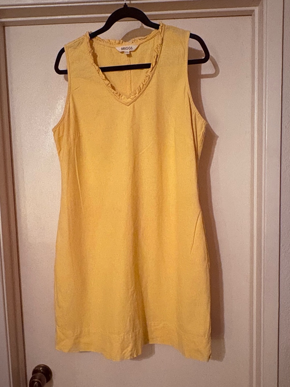 Briggs Yellow Linen Blend Ruffle V-Neck Sleeveless Shift Dress L Pockets